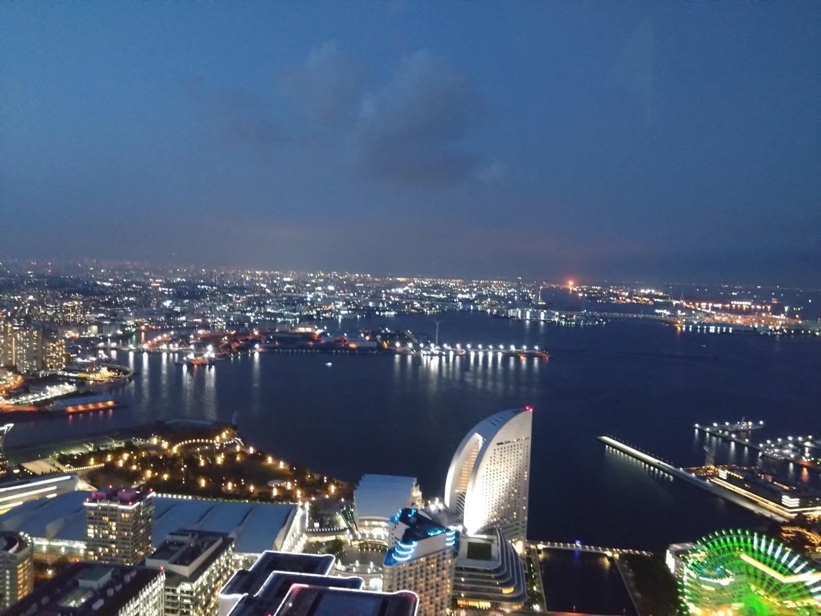 Yokohama harbor night view with illuminated buildings